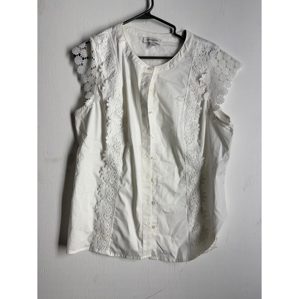 Calligraphie White Lace Crochet Sleeveless Button Down Blouse Top XL Cottagecore